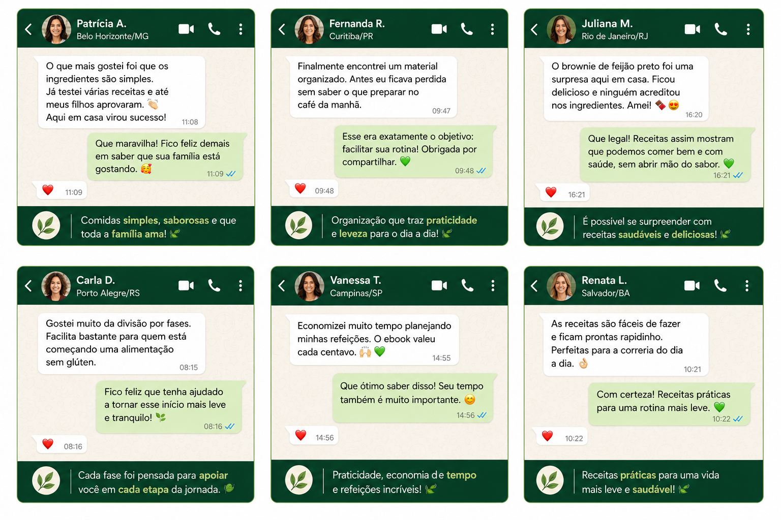 Depoimentos reais de clientes do Cardápio das 3 Fases no WhatsApp