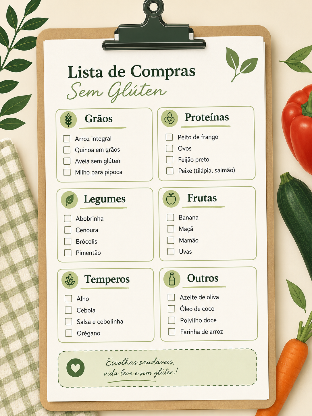 Lista de compras sem glúten organizada por categoria