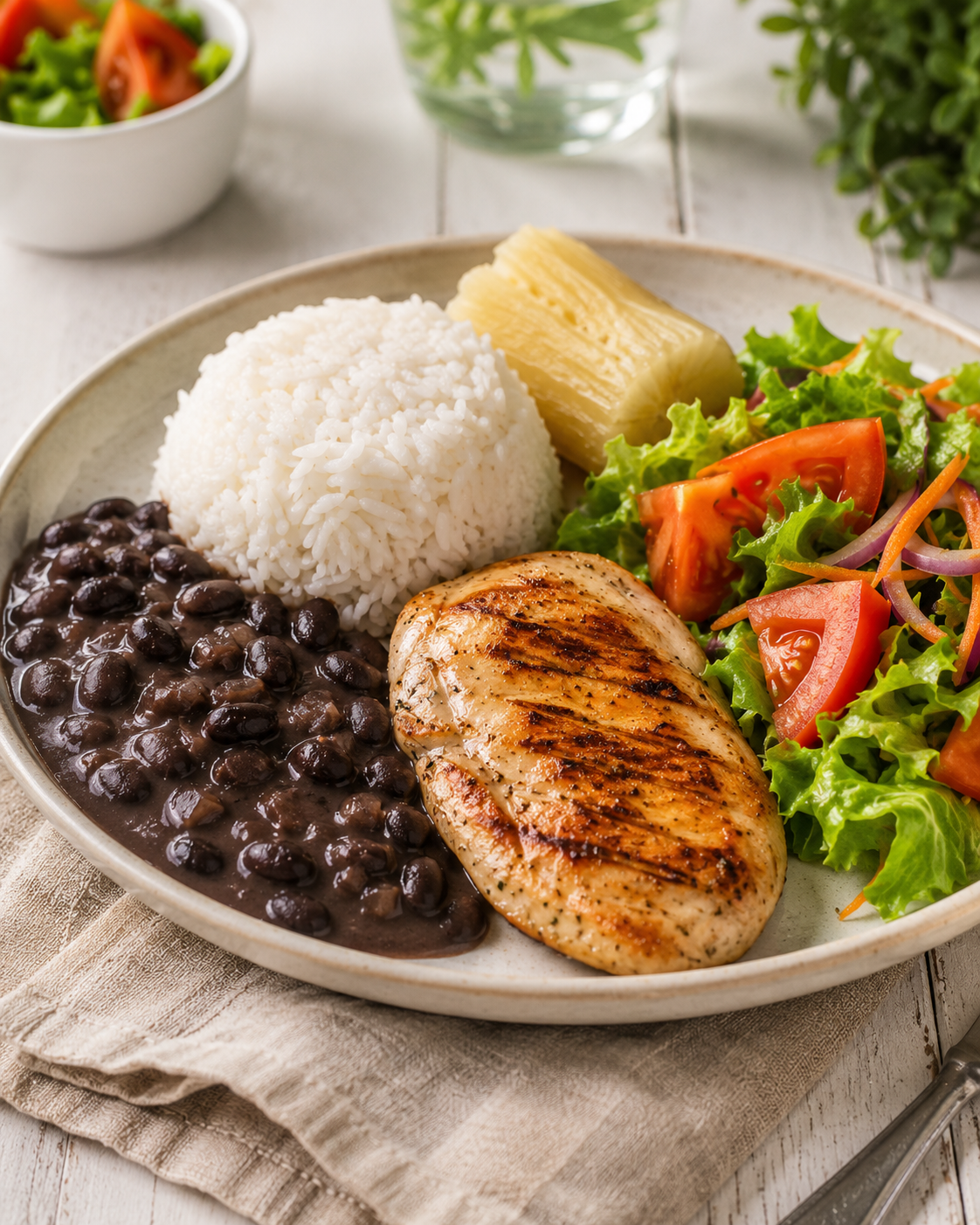 Almoço completo sem glúten com arroz, feijão e frango grelhado