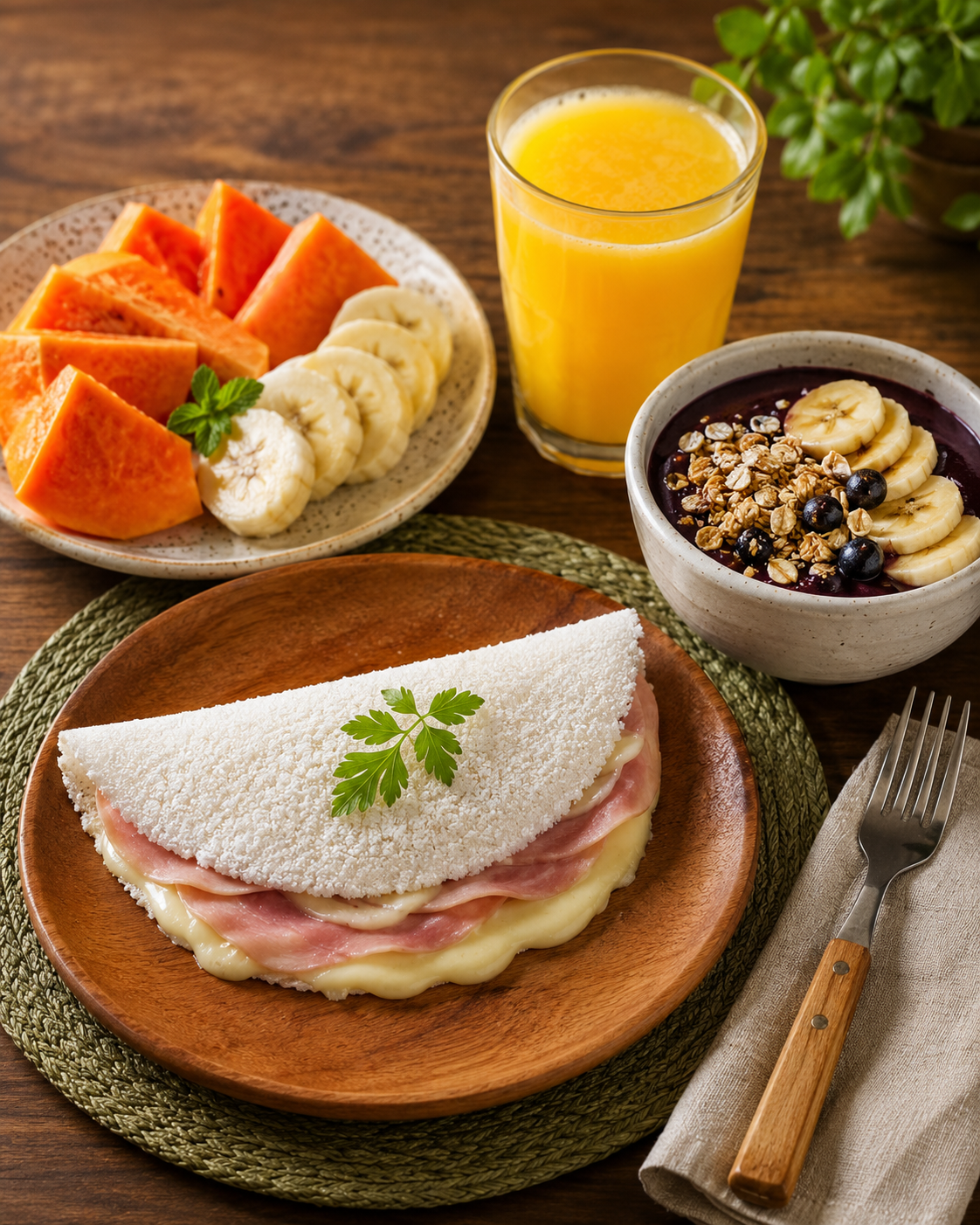 Café da manhã sem glúten com tapioca, frutas e suco
